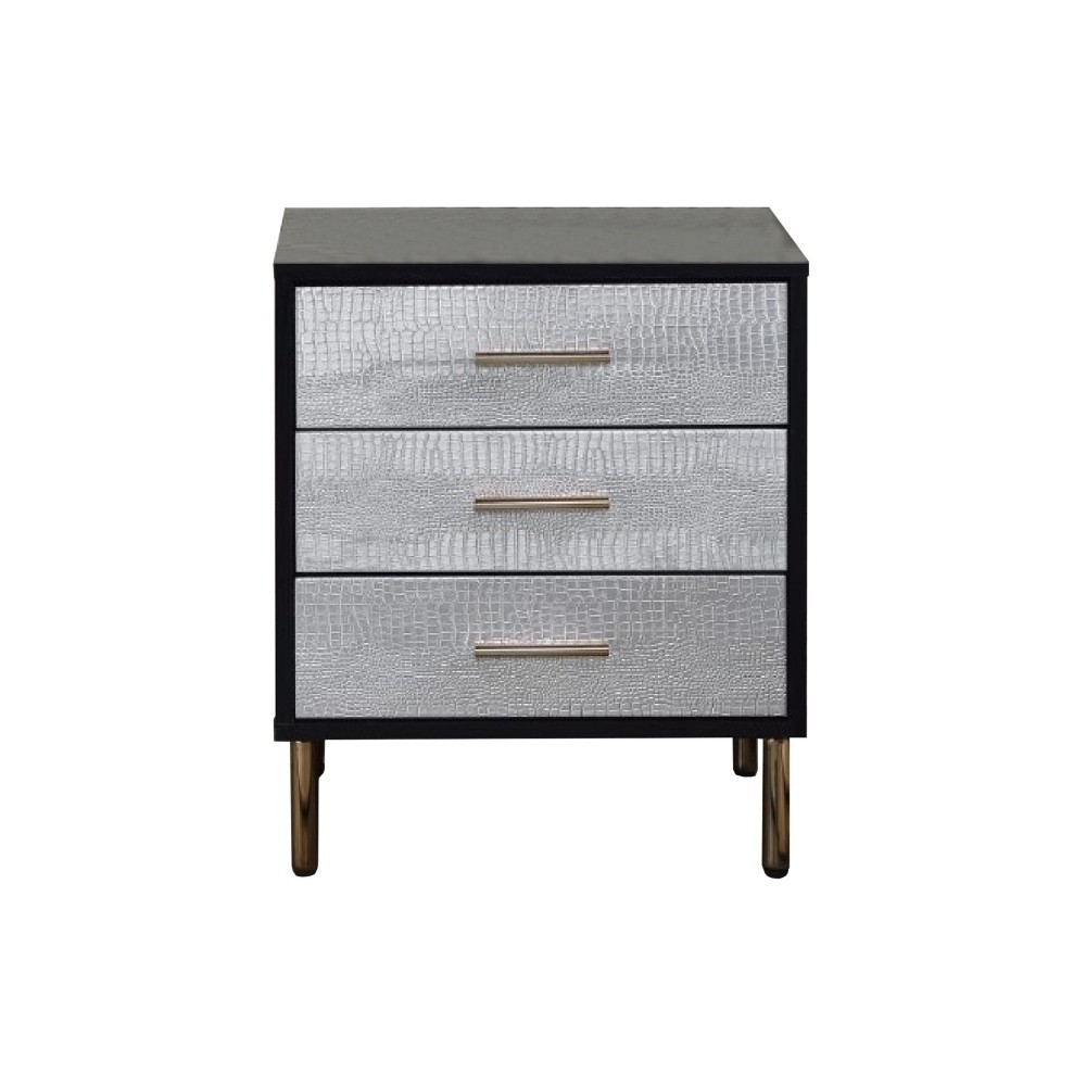 San 19 Inch Glamorous Style Nightstand, 3 Drawers, Black, Silver, Gold