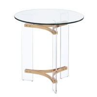 Hale 23 Inch Round End Table, Glass Top, Acrylic Legs, Clear, Gold