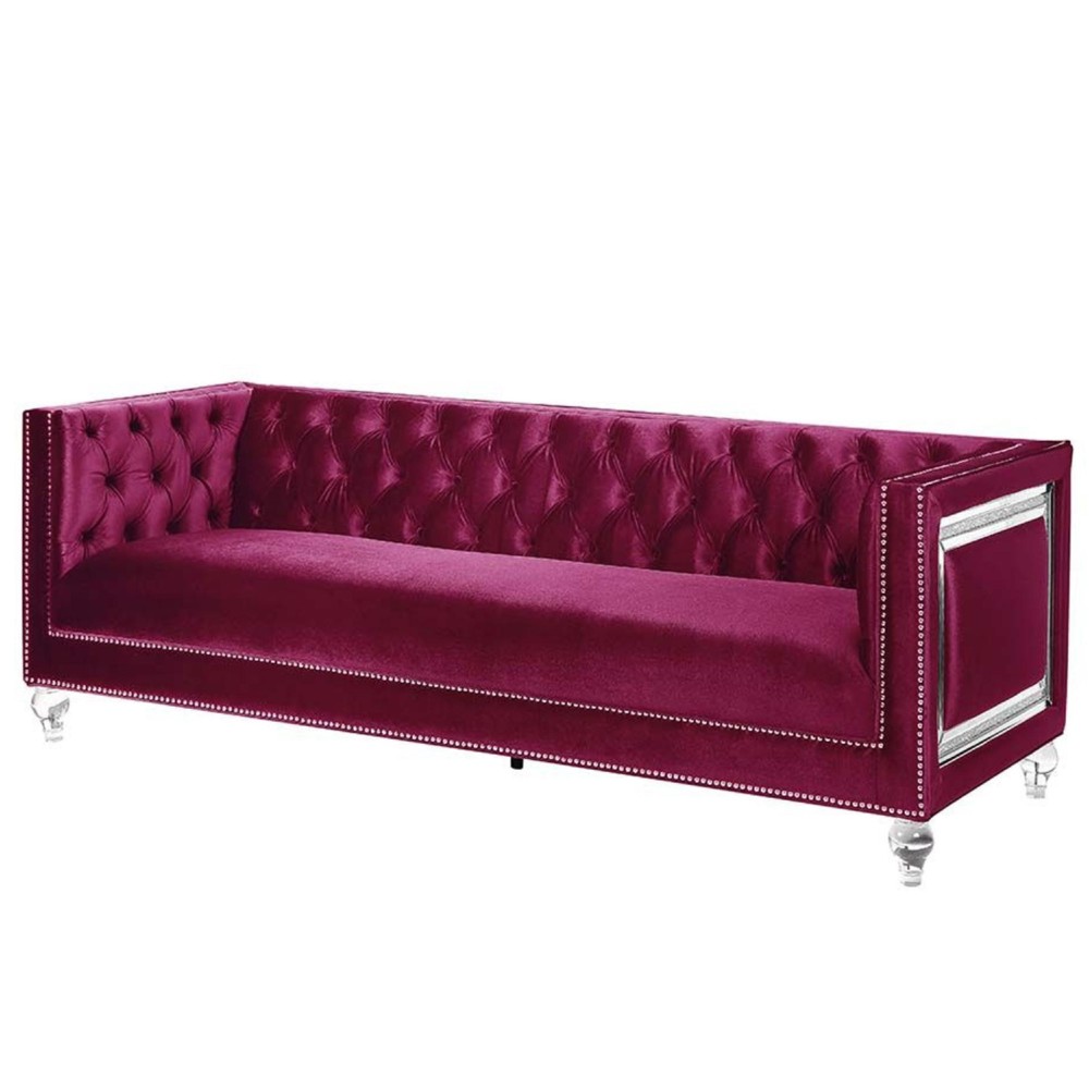 Ian 89 Inch Modern Chesterfield Tufted Sofa, Acrylic Feet, Burgundy Velvet