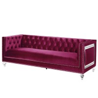 Ian 89 Inch Modern Chesterfield Tufted Sofa, Acrylic Feet, Burgundy Velvet