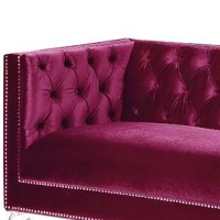 Ian 89 Inch Modern Chesterfield Tufted Sofa, Acrylic Feet, Burgundy Velvet