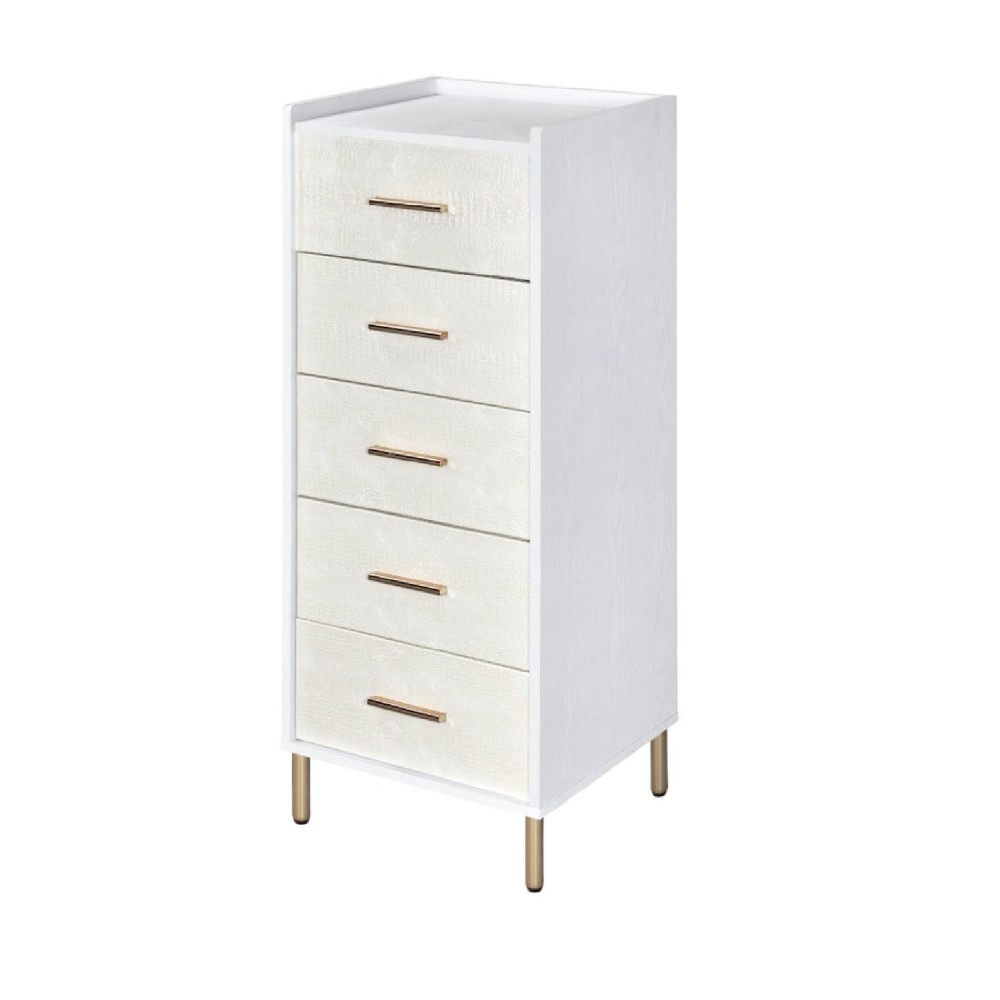 San 45 Inch 5 Drawer Jewelry Storage Chest, Gold Metal Legs, White and Gold