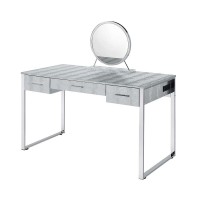 San 50 Inch Textured Vanity Desk with Round Mirror, Metal Sled Base, Chrome