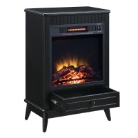 Etu 32 Inch Wood End Table with LED Electric Fireplace, 1 Drawer, Black