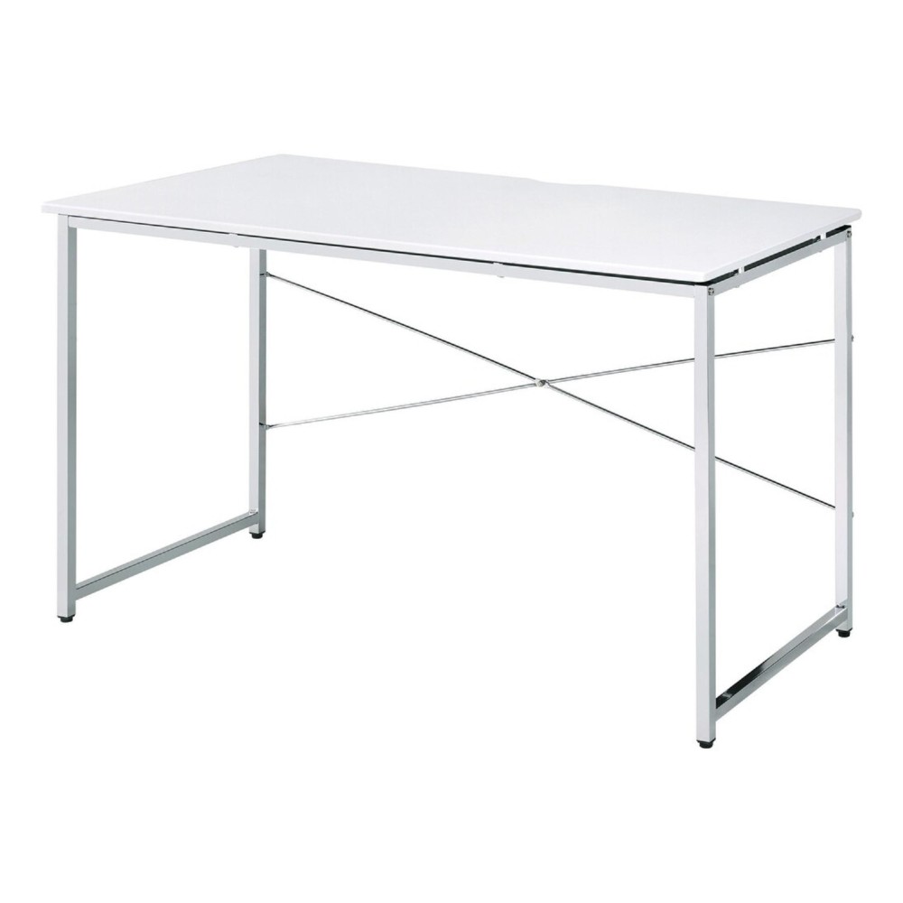 Mayo 47 Inch Rectangular Desk Console Table, Crossed Bars, White, Chrome