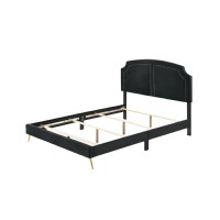 Lily Platform Queen Upholstered Bed, Padded Headboard, Black, Gold