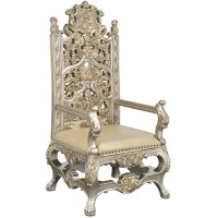 Mas 63 Inch Classic Throne Armchair, Floral Carvings, Crown Top, Gold