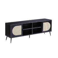 60 Inch TV Entertainment Center, Rattan Front 2 Cabinet, Metal Legs, Black