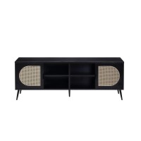 60 Inch TV Entertainment Center, Rattan Front 2 Cabinet, Metal Legs, Black