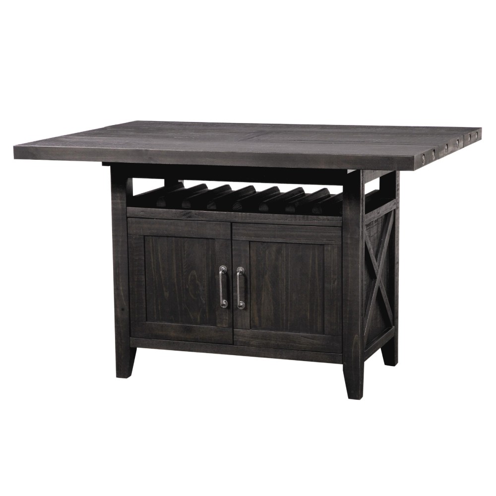 Liu 58 Inch Counter Height Table, Acacia, 2 Cabinets, Exposed Bolts, Brown