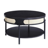 Bert 32 Inch Round Coffee Table, Rattan Apron Accent, Metal Legs, Black