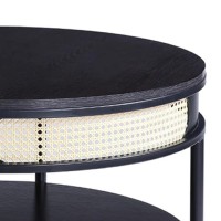 Bert 32 Inch Round Coffee Table, Rattan Apron Accent, Metal Legs, Black