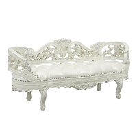 Rox 76 Inch Classic Ornate Carved Bench with Padded Cushion, Wood, White