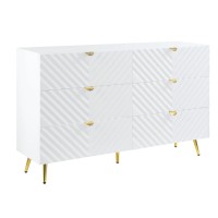 Tyra 55 Inch Wood Dresser, Wavy Textured Design, Gold Metal Legs, White