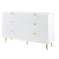 Tyra 55 Inch Wood Dresser, Wavy Textured Design, Gold Metal Legs, White