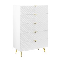 Tyra 49 Inch Wood Tall Dresser Chest, Wavy Design, Gold Metal Legs, White