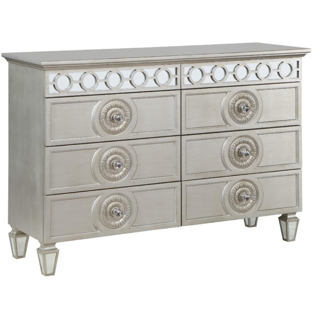 Nich 49 Inch Modern Side Dresser, 6 Drawers, Round Knobs, Wood, Silver