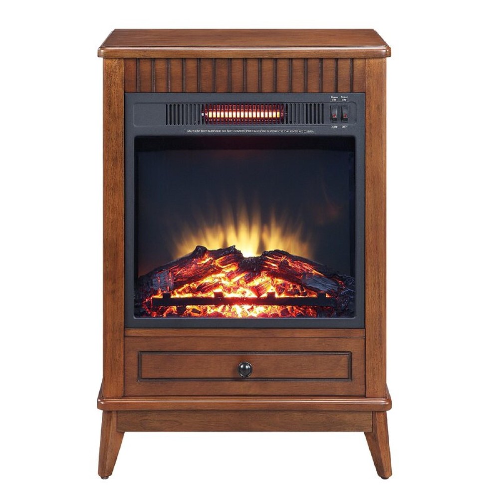 Etu 32 Inch Wood End Table with LED Electric Fireplace, 1 Drawer, Brown