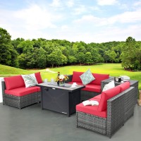 Tangkula 9 Pieces Patio Rattan Furniture Set With 42 Inches Fire Pit Table, Waterproof Covers Includes, Patiojoy Heavy Duty All Weather Wicker Sectional Sofa Set,For Poolside, Backyard