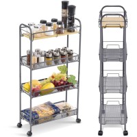 Kingrack 4-Tier Slim Rolling Cart With Wooden Tabletop, Slide Out Metal Utility Cart For Narrow Space On Kitchen Bathroom Laundry Room, Grey