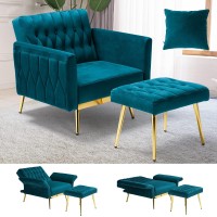 Acmease Velvet Accent Chair With Adjustable Armrests And Backrest, Button Tufted Lounge Chair, Single Recliner Armchair Ottoman Pillow For Living Room, Bedroom,Teal, 25.2D X 25W X 30H In