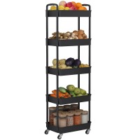 Jiuyotree 5-Tier Rolling Storage Cart Utility Cart With Lockable Wheels For Living Room Bathroom Kitchen Office Black