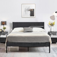 Vecelo Platform Bed Frame Queen Size With Black Wood Headboard, Strong Metal Slats Support Mattress Foundation, No Box Spring Needed