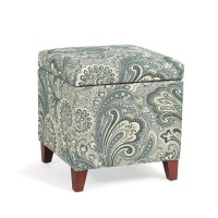Adeco 18 Inch High Cube Ottoman Storage, Paisley Linen Chair Foot Stools, Upholstered Vanity Stool With Hinged Lid, Solid Wood Legs