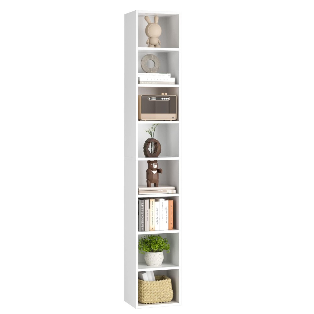 Fotosok 8-Tier Media Tower Rack, 11.6 X 9.3 X 70.9 Inches Cd Dvd Slim Storage Cabinet With Adjustable Shelves, Tall Narrow Bookcase Display Bookshelf For Home Office, White