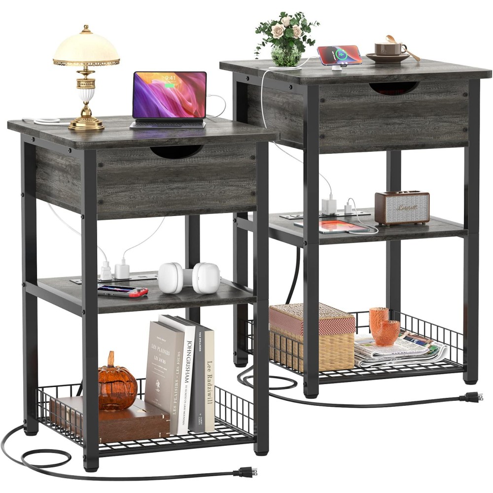 Cyclysio Nightstand Set Of 2 With Charging Station, End Table Side Table With Usb Ports And Outlets, Flip Top Night Stands With Shelves, Slim Bedside Sofa Table For Living Room, Bedroom, Gray Oak