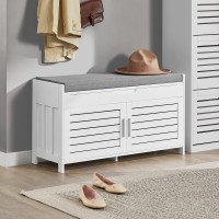 Haotian Fsr102-W, White Storage Bench With Lift-Up Top, Cabinet Door And Padded Cushion, Shoe Bench, Shoe Rack For Entryway, Hallway And Bedroom