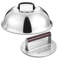 Hulisen Heavyduty Burger Press Melting Dome Set 85 Inch Round Stainless Steel Bacon Press With Wooden Handle 12 Inch Basti