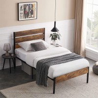 Vecelo Platform Twin Bed Frame With Rustic Vintage Wood Headboard And Footboard, Mattress Foundation, Strong Metal Slats Support, No Box Spring Needed