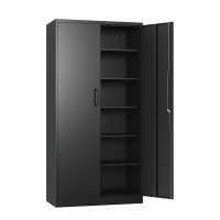 Sisesol Metal Storage Cabinet With 2 Doors And 6 Shelves Black Metal Cabinet With Lock 71 Lockable Garage Storage Cabinet Lock