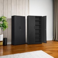 Sisesol Metal Storage Cabinet With 2 Doors And 6 Shelves Black Metal Cabinet With Lock 71 Lockable Garage Storage Cabinet Lock