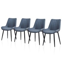 TUKAILAi Faux Leather Dining Chairs Set of 4, Modern Linear Design Kitchen Chairs with Upholstered Seat and Metal Legs, Comfy Leisure Chairs for Lounge Living Room Reception Restaurant (Blue)