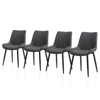 Tukailai Faux Leather Dining Chairs Set Of 4, Modern Linear Design Kitchen Chairs With Upholstered Seat And Metal Legs, Comfy Leisure Chairs For Lounge Living Room Reception Restaurant (Grey)