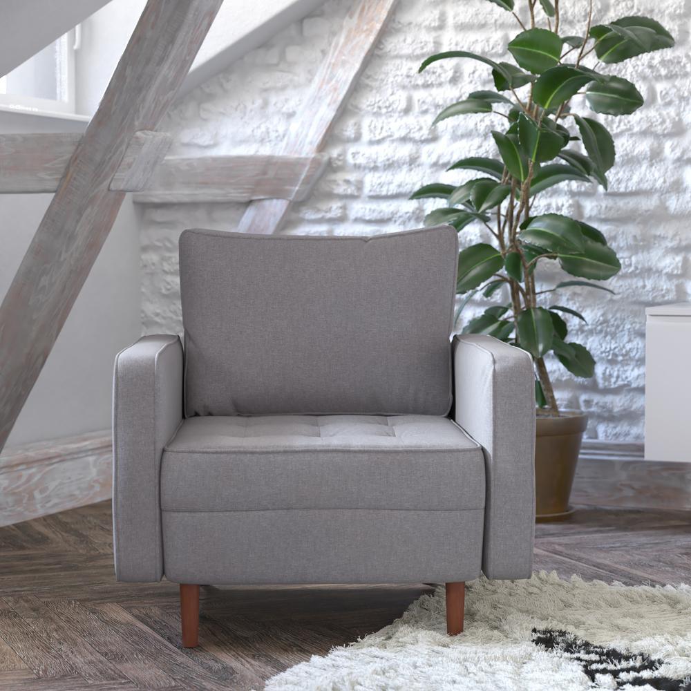 Hudson MidCentury Modern Commercial Grade Armchair with Tufted Faux Linen Upholstery Solid Wood Legs in Slate Gray