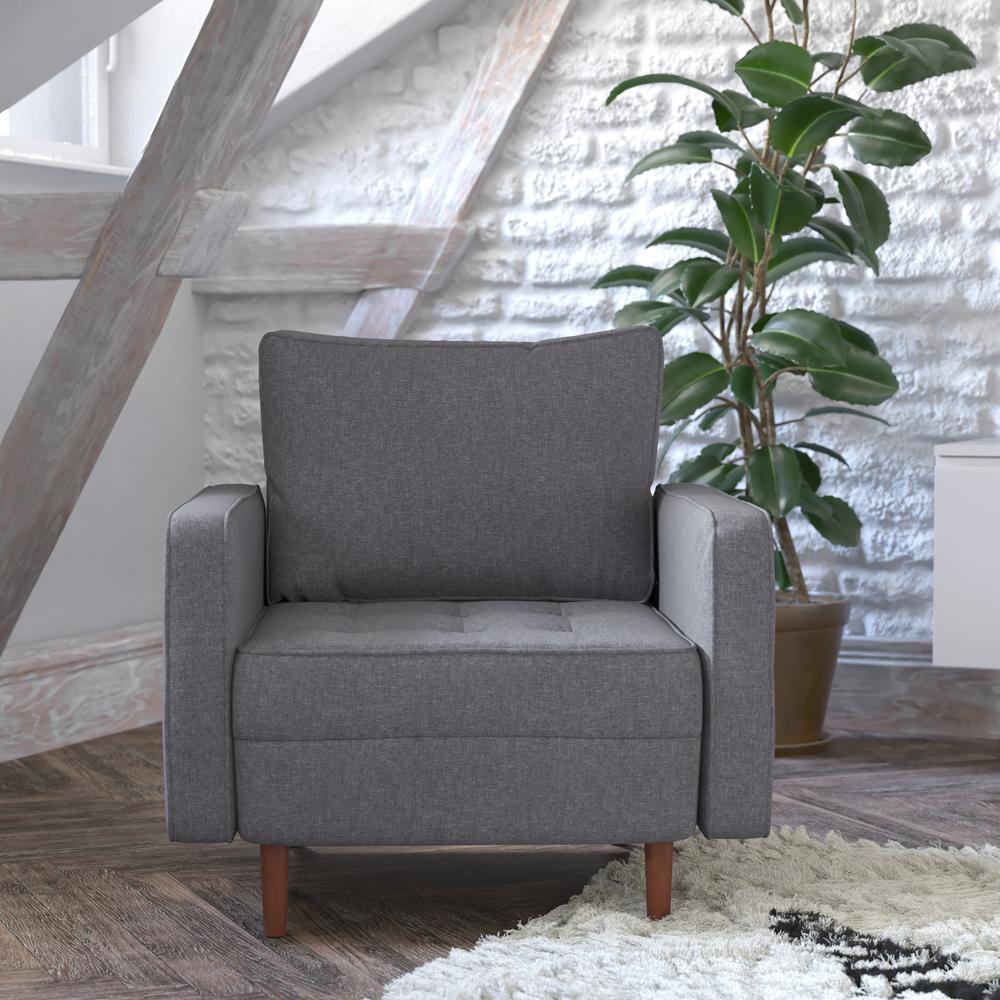 Hudson MidCentury Modern Commercial Grade Armchair with Tufted Faux Linen Upholstery Solid Wood Legs in Dark Gray