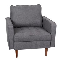 Hudson MidCentury Modern Commercial Grade Armchair with Tufted Faux Linen Upholstery Solid Wood Legs in Dark Gray