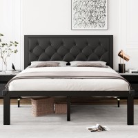 Ipormis Queen Metal Bed Frame Faux Leather Platform Bed Frame With Button Tufted Headboard 12 Underbed Space Steel Slats Su