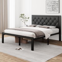 Ipormis Queen Metal Bed Frame Faux Leather Platform Bed Frame With Button Tufted Headboard 12 Underbed Space Steel Slats Su