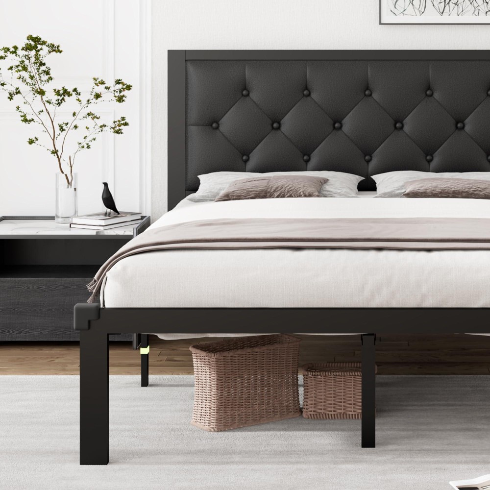 Ipormis Full Metal Bed Frame Faux Leather Platform Bed Frame With Button Tufted Headboard 12 Underbed Space Steel Slats Sup