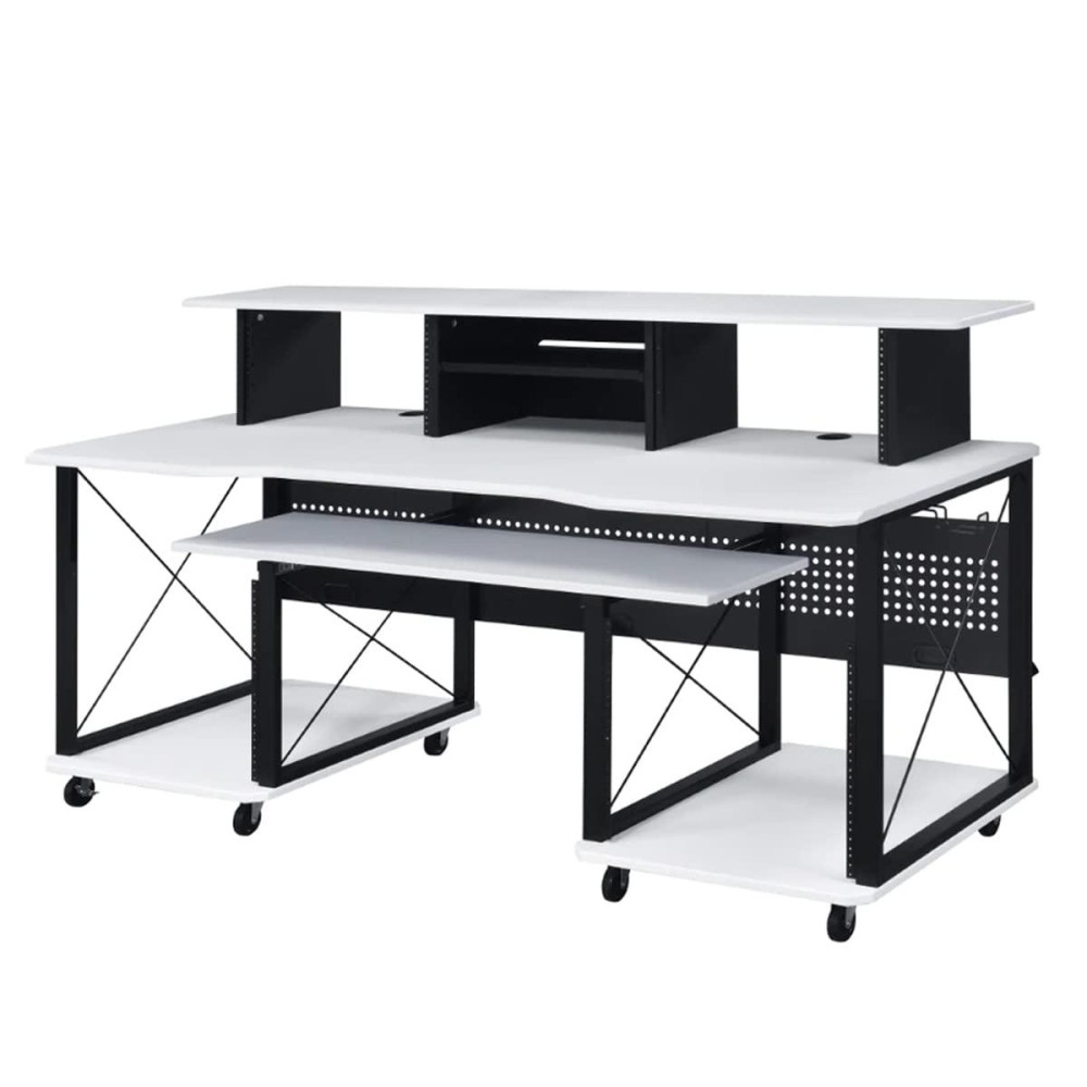 Benjara 72 Inch Music Desk Workstation, Crossed Metal Panels, Keyboard Tray, White