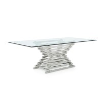 Cid 87 Inch Modern Dining Table, Staggered Metal Base, 6 Seater, Silver