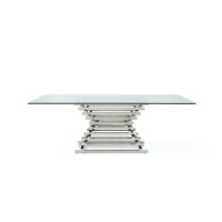 Cid 87 Inch Modern Dining Table, Staggered Metal Base, 6 Seater, Silver