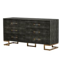 Cid Jon 63 Inch Dresser, 6 Drawers, Modern Classic, Faux Leather, Gray, Gold