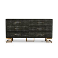 Cid Jon 63 Inch Dresser, 6 Drawers, Modern Classic, Faux Leather, Gray, Gold