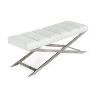 Cid 47 Inch Vegan Faux Leather Bench with Steel Legs, White, Silver