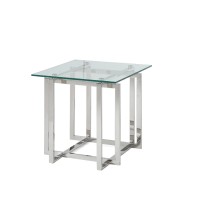 Cid 22 Inch Modern End Table, Glass Top, Intersected Steel Base, Chrome